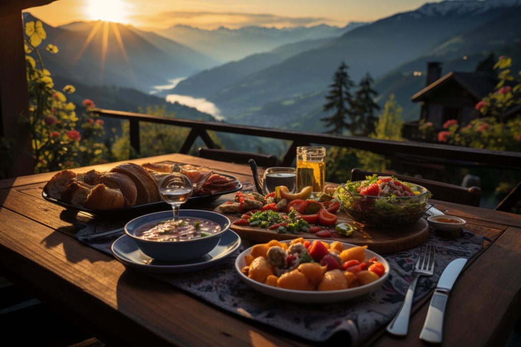 hutte-tirol-alm-offers-serene-sunrise-breakfast-its-wooden-patio